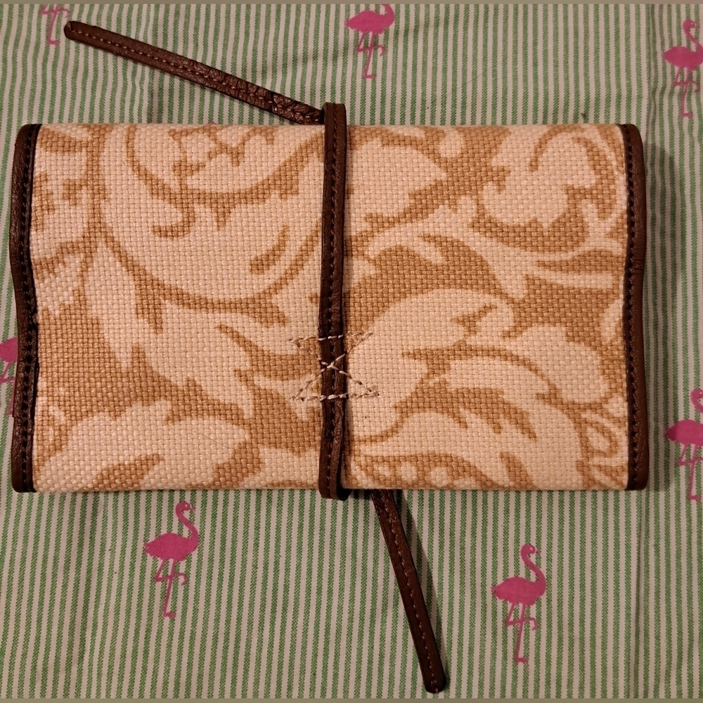 EUC Spartina 449 Beige Leather & Linen Jewelry Travel Vacation Roll Case Pouch - Picture 2 of 8